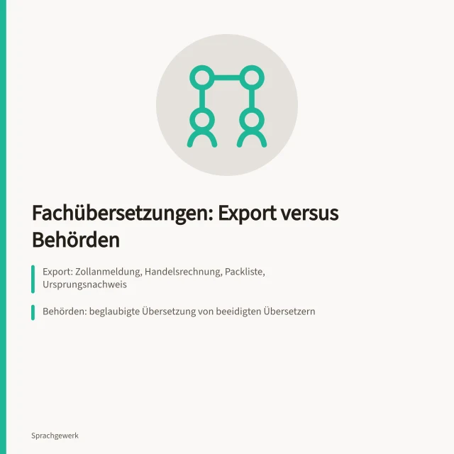 Vergleich von Exportübersetzungen und beglaubigten Übersetzungen für Behörden. Fachübersetzungen für Export oder Behörden im Vergleich