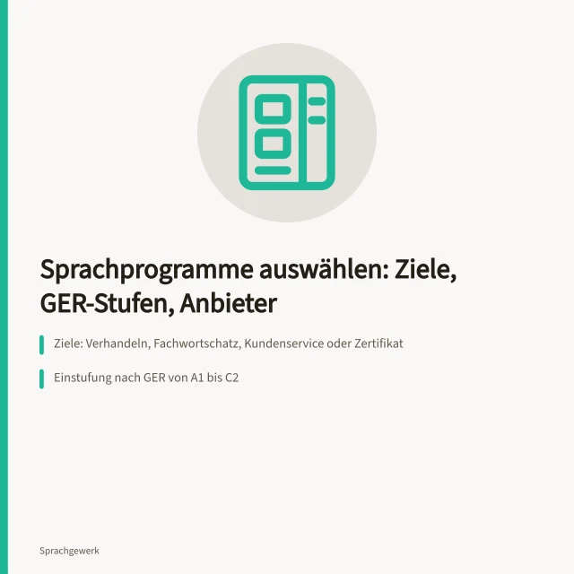 Karte zur Auswahl von Sprachprogrammen mit Zielen, GER-Stufen und Kosten. Sprachprogramme für Unternehmen auswählen: Ziele, Niveaustufen und Anbieter