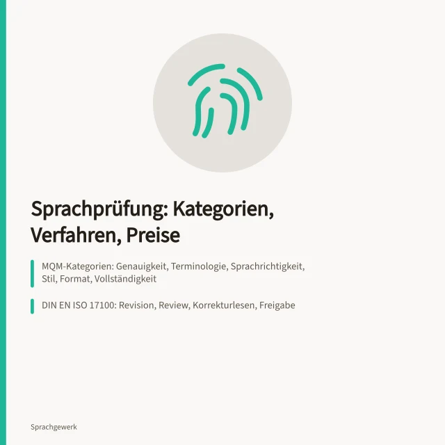 Karte zu Sprachprüfdiensten mit Fehlerkategorien, Prüfprotokollen und Stichprobenverfahren. Sprachprüfdienste für Übersetzungen: Kosten, Fehlerkategorien und Prüfprotokolle