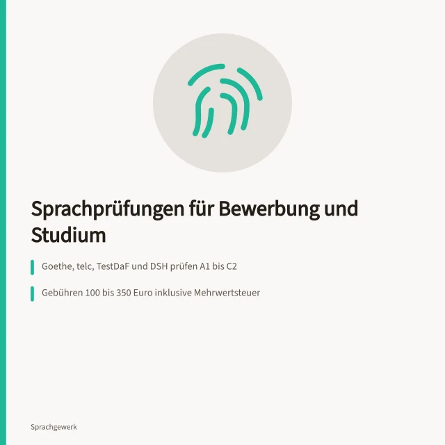 Karte zu Sprachprüfungen, Niveaustufen und Kosten für Bewerbung und Studium. Sprachprüfungen für Bewerbung und Studium: Anbieter, Niveaustufen und Kosten