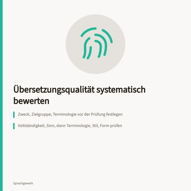 Karte zur Bewertung von Übersetzungsqualität mit Prüfschritten und Fehlergewichtung. Wie lässt sich die Qualität einer vorliegenden Übersetzung bewerten?